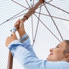 image:imageAMMSUN 7ft Patio Umbrella with Fringe Outdoor Tassel Umbrella UPF50 Premium Steel Pole and Steel Ribs Push Button Tilt BlackNavy Blue Stripes