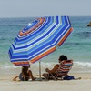 image:imageAMMSUN 8 Feet Large Beach Umbrella with Sand Anchor Heavy Duty High Wind Portable Outdoor Umbrellas UV 50 Protection Air Vent Tilt Patio Garden PoolRed Blue Stripes