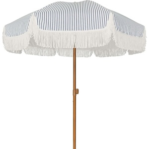 image:imageAMMSUN 7ft Patio Umbrella with Fringe Outdoor Tassel Umbrella UPF50 Premium Steel Pole and Steel Ribs Push Button Tilt BlackNavy Blue Stripes