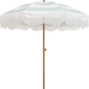 image:imageAMMSUN Boho Fringe Umbrella 65ft Outdoor Umbrella with TasselGreen Stripe